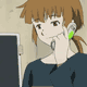 Anime-style character with brown hair in pigtails, green earrings, dark blue top, hand near face across nine views