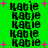 Green background with repeated black text 'Katie' and pink plus signs, animated to shift positions across frames.