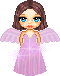 Pixelated doll avatar with brown hair, blue eyes, and pink dress, featuring animated sparkles on wings and dress.