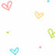Pixelated heart-shaped icons in pink, yellow, green, and cyan colors scattered across a white background.