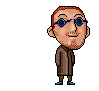 Pixel art character with red hair and blue glasses in brown coat, holding a silver revolver and red banner with yellow text, in multiple poses showing weapon and banner movement.