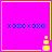 Four identical pink squares with yellow borders, each containing blue 'xoxoxoxo' text and a small yellow pixelated icon in the bottom-right corner.