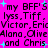 Pixelated text on bright pink background with cyan star accents, repeating names and 'my BFF'S' phrases in black font.