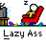 Pixel art animation of a stick figure sitting in a red chair watching TV, with frame-to-frame changes showing the character's posture and TV screen effects.