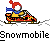 Pixel art contact sheet showing six frames of a snowmobile animation with a character in red hat and blue scarf riding an orange-and-black vehicle on snowy terrain.
