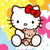 Animated Hello Kitty icon with red bow, holding a teddy bear against colorful background.