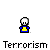 Pixelated character with white head and blue-yellow outfit appears in four positions above text reading Terrorism, with one instance featuring a blue-yellow banner reading Terrorism for Dummies.