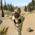 Animated desert scene with a cartoonish creature in the foreground, showing sequential movement against a backdrop of trees and distant figures.