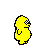 Yellow pixelated character with checkered eyes in multiple poses against gray background.