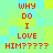 Red pixelated text on a green and blue checkered background repeats the phrase 'WHY DO I LOVE HIM?????' in two vertical