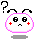 Pixelated white head with pink outline, black eyes, red cheeks, and antennae; question marks appear above in different positions across frames.