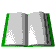 A pixelated animation of a book's pages turning, showing of a book closing with green borders and gray pages