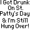 Animated contact sheet showing a pixel art character on a couch with shamrocks and text about being hung over from St. Patty's Day, arranged in 5 columns by 4 rows of frames.