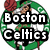 Pixelated Boston Celtics-themed buddy icon with a green circular border, featuring a basketball player in motion and changing text overlays.
