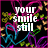 Animated icon with black background, colorful heart patterns, and white text reading 'your smile still makes my heart sing' in four