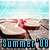 Pixelated beach scene with wine glass spilling red liquid, light blue sky background, and 'Summer' text in blocky blue letters.