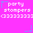 Pixelated graphic with bright pink background, white text reading 'party stompers', and cyan star icons that shift position between frames.