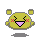 Yellow cartoon character with closed eyes, pink blush marks, and a wide open mouth showing black teeth against a gray background.