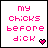 Pixelated text 'my chicks before dick' in pink and black with heart symbols on white background, animated variations of lettering and hearts.