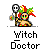 Animated contact sheet of a pixel art character labeled "Witch Doctor" with multiple frames showing motion effects around the character's staff and head.
