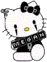 Hello Kitty–style character with black bow, yellow nose, and white body covered in multicolored dots holding a black banner reading "MEGAN" against gray background.