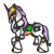 Pixelated horse with rainbow mane and tail, green saddle, black armor-like patches on body, white legs with gold hooves, standing in profile facing left.