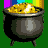 Animated pixel art of a leprechaun with gold coins and pots, showing sequential changes in pose and prop interaction.