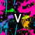 Animated pattern of pink, blue, green, and yellow shapes with white text characters V I C :O :) =I K I on black background.
