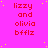 A static image with a bright pink background, scattered yellow dots, and repeated red text reading 'lizzy and olivia bfflz' in a pattern