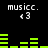 Pixelated green audio equalizer bars animate against black background with repeated white text 'musicc.' and '43' above and below.