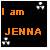 Static pixelated buddy icon with orange text on dark background featuring "I am JENNA" and white cross-like symbols in corners.