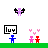 Pixel art animation of a blue figure holding signs with changing text, pink and red figures with heart symbols, and purple winged icons above.