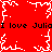 Red background with white pixelated snowflake patterns and repeated black text "I love Julia" in two horizontal