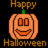 Pixelated orange pumpkin with green stem, smiling face, and "Happy Halloween" text above and below on black background.