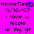 Pixelated text on bright pink background with blue cursor-like shape above 'NicoleTimmy' in left , static display of personal message