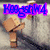 Pixelated animation of a blocky character with a brown box-like head and body, performing a sequence of movements against a gray background with blue and red text overlays.