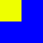 Blue cross with yellow squares at top-left, top-right, and bottom-center positions on a solid blue background.