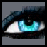 A stylized eye with blue-green iris and black eyelashes, showing animated white sparkles appearing on the upper lid