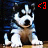 Pixelated dog-like creature with white and blue fur, brown chest, black nose, sitting on wooden surface against dark background.
