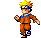 Pixel art character in orange jumpsuit with blue accents performing sequential actions: walking, kicking, and standing poses.