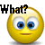Static pixelated yellow emoji face with blue eyes and black text "What?" above it on white background.