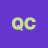 Pixelated green 'QC' letters on solid purple background with slight pixelation artifacts.