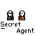 Pixel art of two figures in dark gray suits with orange accents, one with a red dot on its face, positioned near a red arched doorway with gray framing.