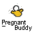 Pixelated yellow figure with rounded body and white circular head, positioned above black-and-white text reading "Pregnant Buddy" on gray background.