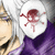 Anime-style character with white hair and purple clothing, wearing a white shield with red skull and crossbones symbol.