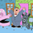 Animated contact sheet showing a cartoon man in a gray suit dancing with arms raised across five frames, surrounded by pink furniture and green walls.