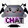 Pixelated gray character with black antennae and red cheeks holds a purple 'CHAT' sign, displaying four distinct facial expressions