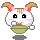 Pixel art character with orange horns and pink tips, white face, black eyes, pink cheeks, holding a green bowl; four distinct expressions including eating noodles, steam rising from bowl, and open mouth.