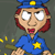 Pixelated cartoon character in blue police uniform with yellow star badge and cap, red hair, wide eyes, holding baton-like object with yellow sparks.