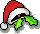 Pixelated red and white Santa hat with green holly leaves, black outline on light background.